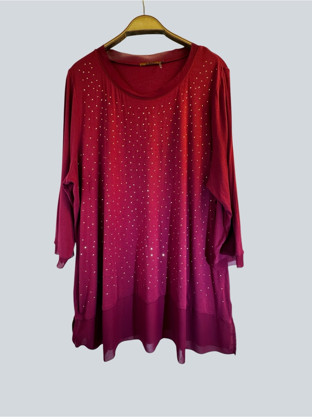 Belldini Women’s Burgundy Sparkly Tunic Top Rhinestone Stretch Blouse Size 2X